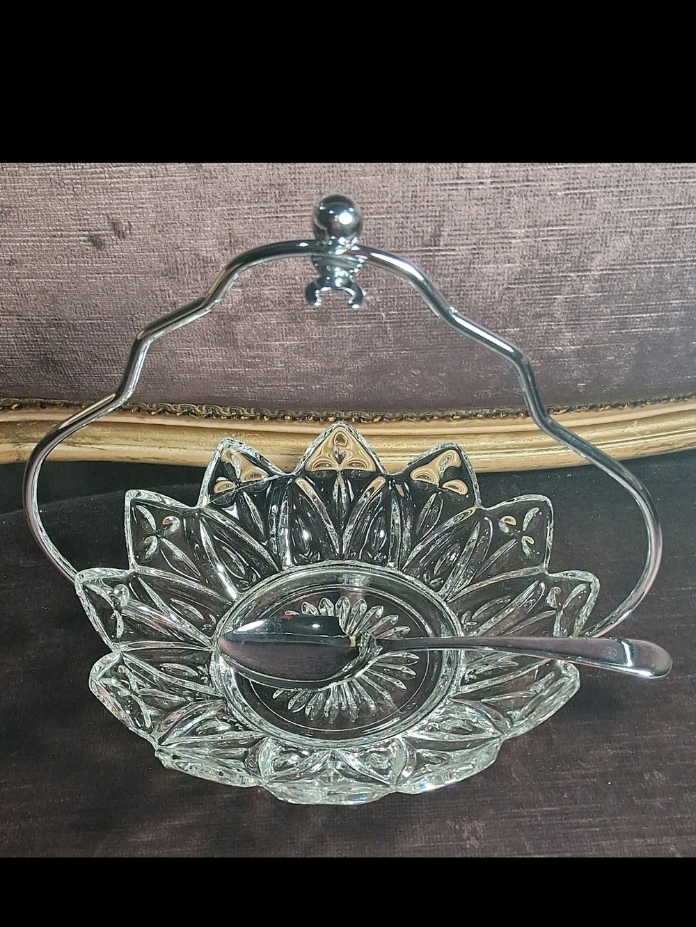 Vintage Sunburst Cut Glass Candy Dish with Spoon